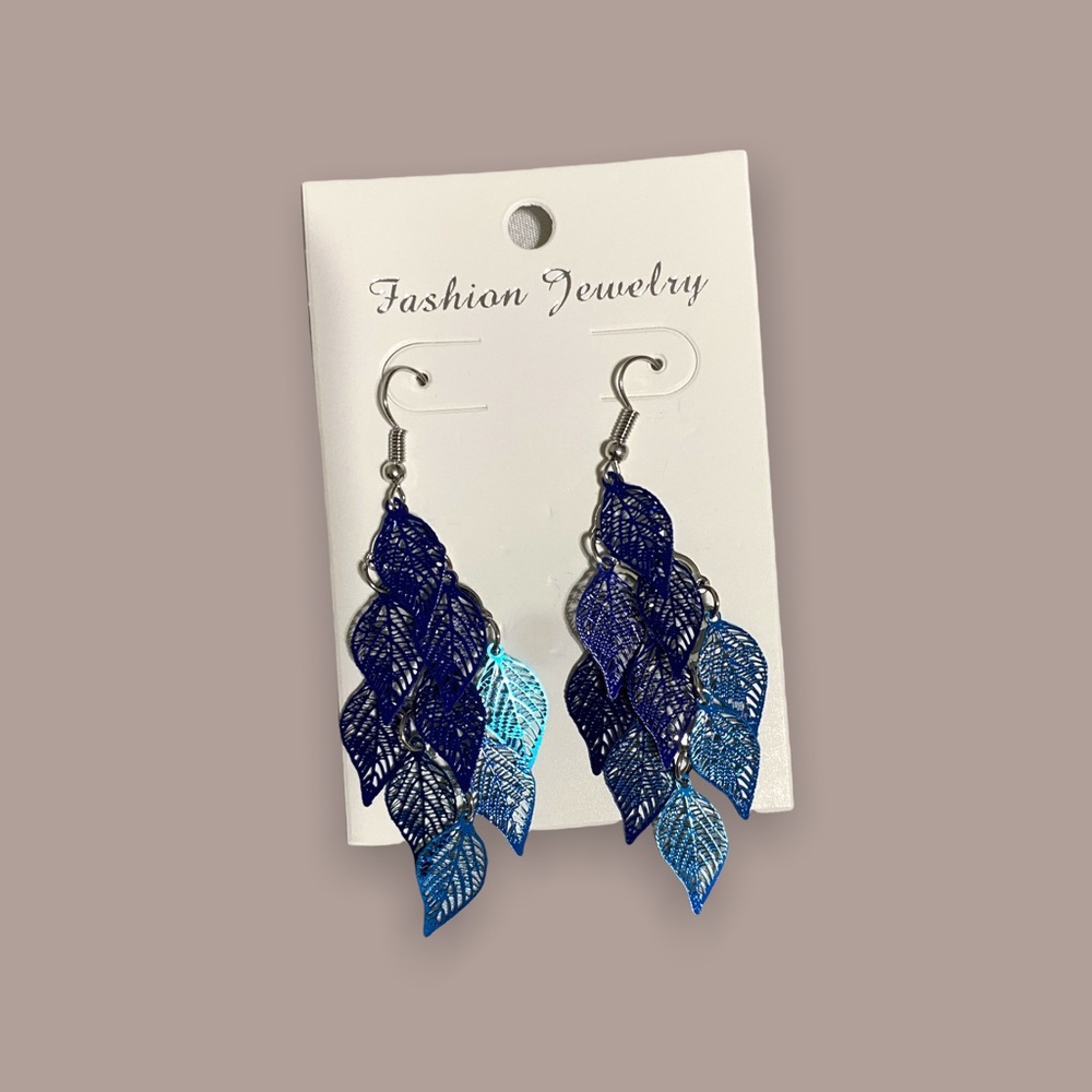 Navy blue and teal colored dangle earrings.